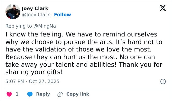 Tweet from Joey Clark responding to actress Ming-Na Wen about why he became an actor and pursuing the arts despite challenges.