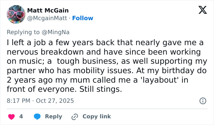 Twitter post by Matt McGain sharing a personal story about challenges and insults, relating to actor Ming-Na Wen&rsquo;s mom&rsquo;s insults.