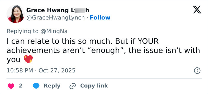 Tweet by Grace Hwang L***h about relating to actress Ming-Na Wen&rsquo;s story on challenges and achievements in acting.