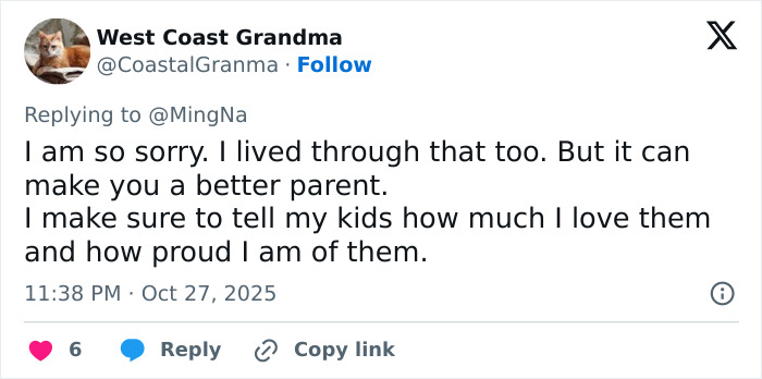 Tweet from West Coast Grandma replying to Ming-Na Wen about overcoming insults and becoming a better parent and actor.