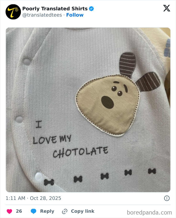 Funny English T-shirt with a misspelled phrase I love my chotolate and a dog face design on fabric.