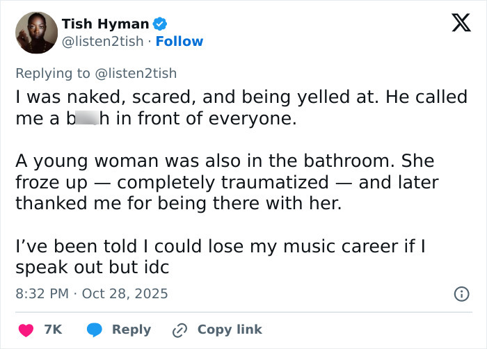 Tweet by Tish Hyman describing being yelled at and traumatized in a ladies&rsquo; room, linked to lesbian removed from gym uproar.