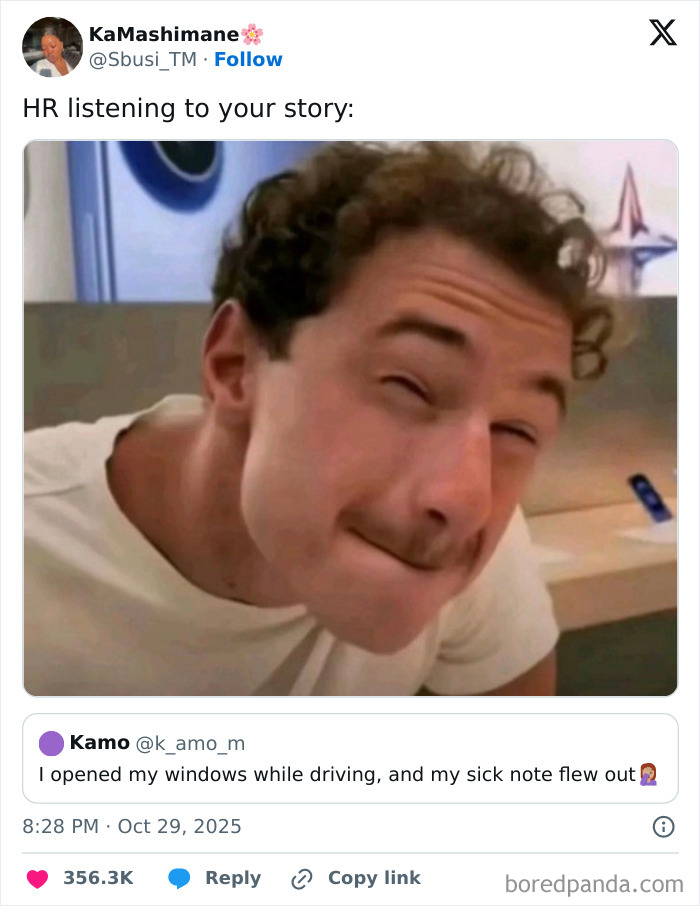 Man squinting with a skeptical expression, illustrating the humor of having a job through a viral work-related tweet.