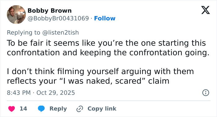 Screenshot of a social media reply discussing confrontation involving a lesbian removed from gym and alleged trans woman incident.