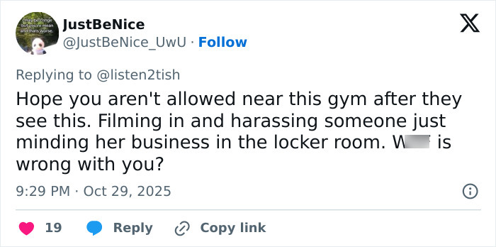 Tweet criticizing harassment of a trans woman in gym locker room, highlighting confrontation and revealing bombshell twist.