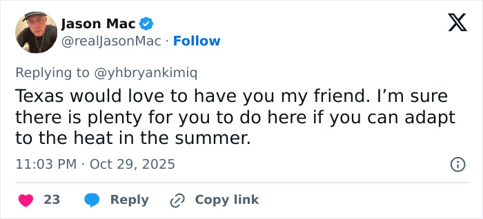 Twitter user Jason Mac replying to an asylum seeker, discussing adaptation and mentioning US asylum from South Korea.