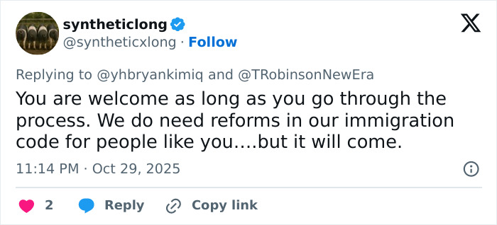 Twitter reply discussing immigration reforms in response to the world&rsquo;s smartest man from South Korea seeking US asylum.