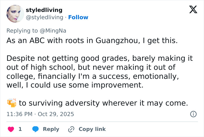 Tweet reply about overcoming adversity and success, relating to actress Ming-Na Wen and her acting journey.