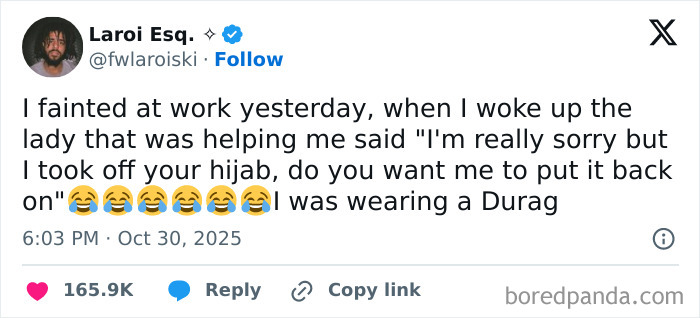 Tweet about a funny work moment involving wearing a durag, illustrating what it’s like having a job through relatable tweets.