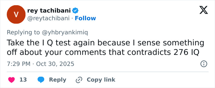 Twitter reply by user rey tachibani questioning the IQ claim of the self-proclaimed world's smartest man from South Korea.