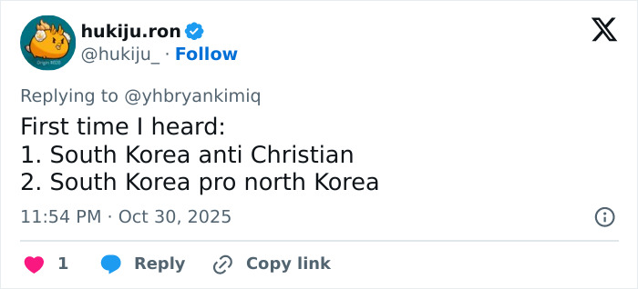 Tweet discussing South Korea's stance, related to controversy about the world&rsquo;s smartest man seeking US asylum.