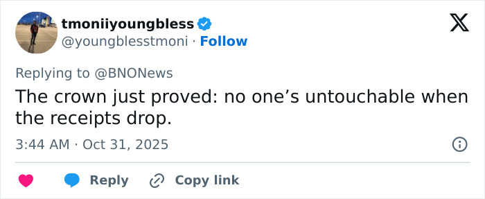 Tweet by user tmoniiyoungbless commenting on Andrew&rsquo;s title removal influenced by Kate Middleton and Queen Camilla&rsquo;s female touch.