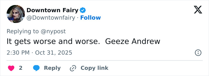 Tweet from user Downtown Fairy commenting on Andrew&rsquo;s situation, highlighting female influence in Andrew&rsquo;s title removal discussion.