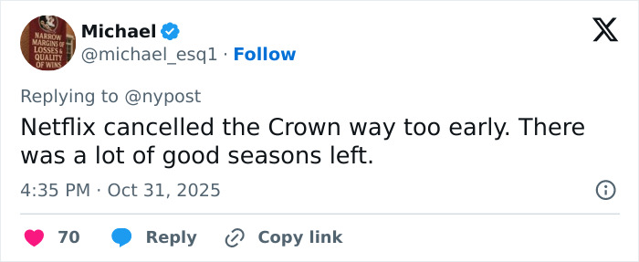 Screenshot of a tweet discussing Netflix canceling The Crown, related to Kate Middleton and Queen Camilla&rsquo;s influence on Andrew&rsquo;s title removal.