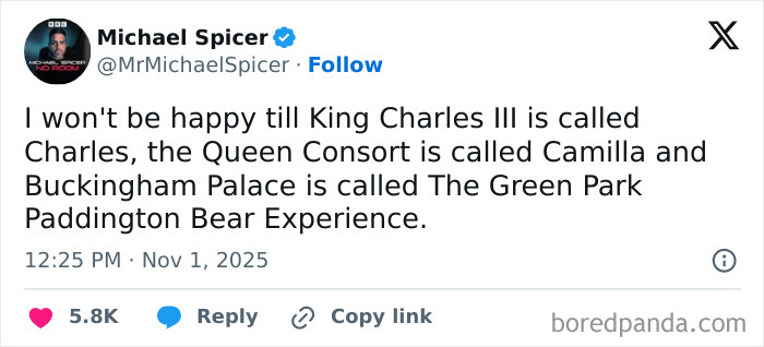 Screenshot of a humorous X post by Michael Spicer with a funny take on royal titles, part of relatable X posts collection.