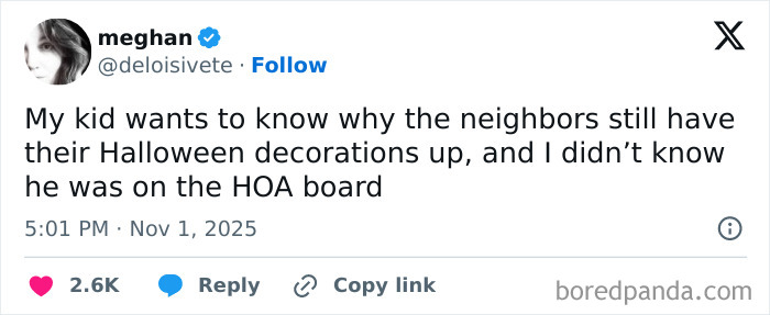 Screenshot of a funny tweet from a parent during quiet time, sharing humor about Halloween decorations and neighborhood HOA.