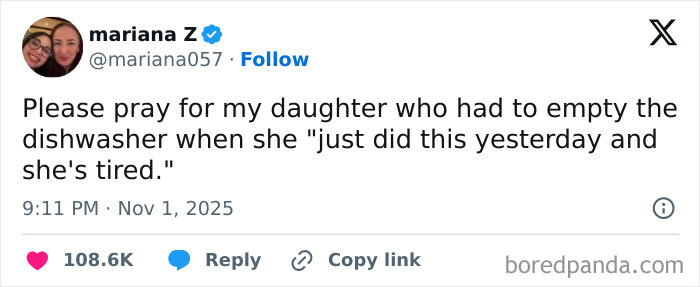 Tweet from Mariana Z about her daughter being tired after emptying the dishwasher, a relatable hilarious X post from November.