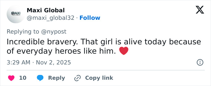 Twitter reply praising hero old man for bravery after blocking knife attack on girl during UK train chaos.