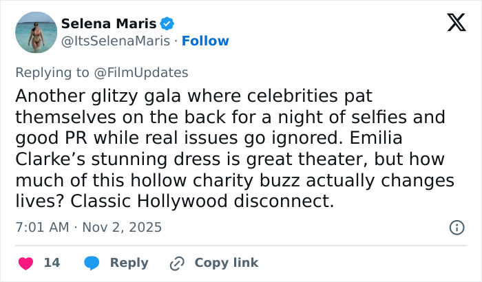 Tweet criticizing Hollywood charity events with mention of Emilia Clarke's latest appearance and public reactions about surgeries.
