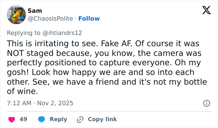 Tweet criticizing Meghan Markle and Prince Harry's celebration as irritating and staged with perfect camera positioning at home.