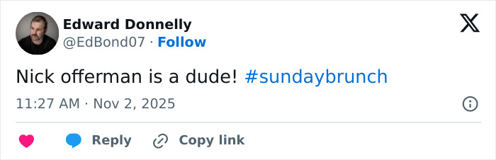 Screenshot of a tweet mentioning Nick Offerman amid talk show hosts apologizing for his X-rated comment during live broadcast.