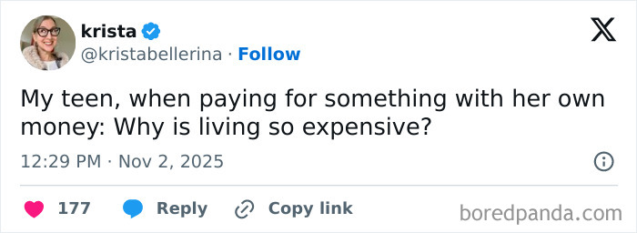 Funny tweet from a parent about teen expenses, part of quiet time parents shared in November edition tweets.