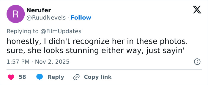 Screenshot of a social media comment discussing mixed feelings about Emilia Clarke&rsquo;s latest appearance and Hollywood face comparisons.