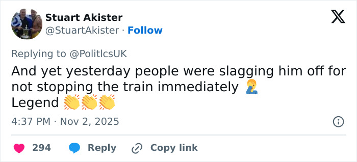 Tweet showing praise for a hero old man who blocks knife attack on girl during UK train rampage with emojis and support.