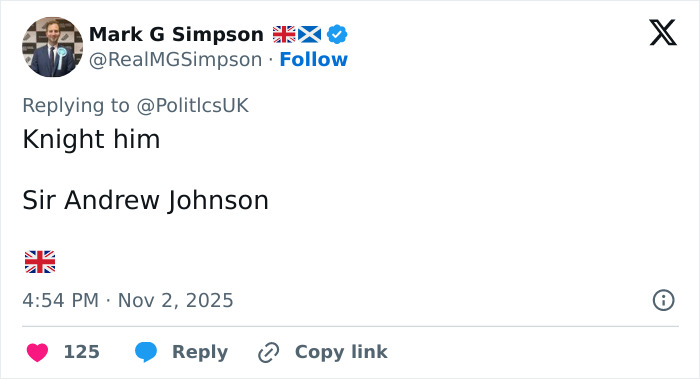 Screenshot of a tweet mentioning Sir Andrew Johnson in context of hero old man blocking knife attack on girl during UK train chaos.