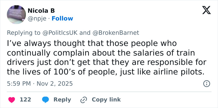 Tweet discussing the responsibility of train drivers for passenger safety amid UK train rampage chaos.