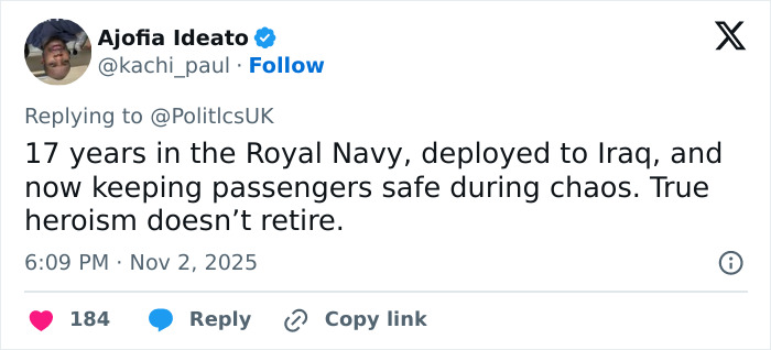 Tweet screenshot showing user praising a hero old man who blocks knife attack on girl during UK train rampage amid chaos.