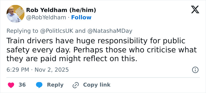 Twitter post by Rob Yeldham emphasizing train drivers' responsibility for public safety amid UK train rampage chaos.