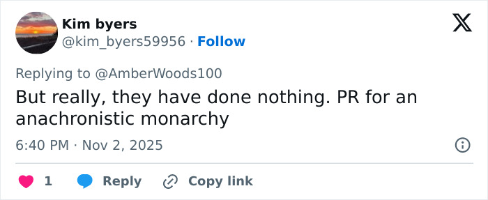 Tweet by Kim Byers criticizing the monarchy&rsquo;s PR amidst discussions on Kate Middleton and Queen Camilla&rsquo;s female touch.