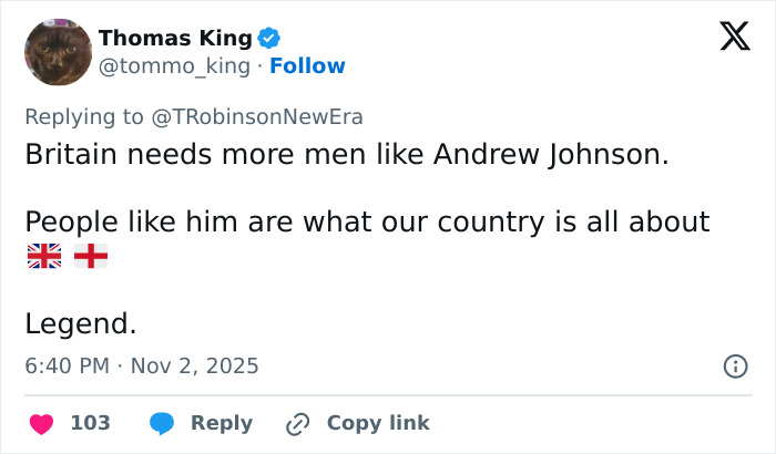 Tweet praising hero old man who blocks knife attack on girl during UK train rampage, highlighting bravery and chaos unfolding.