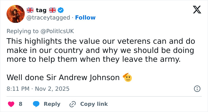 Tweet praising hero old man who blocks knife attack on girl during UK train rampage, highlighting veterans' value and support.