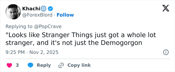 Screenshot of a tweet discussing Stranger Things with a comment about the show getting stranger, posted by user ForexBlord.