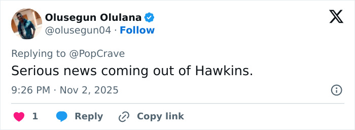 Tweet by Olusegun Olulana mentioning serious news from Hawkins related to Millie Bobby Brown accused David Harbour bullying on Stranger Things set.