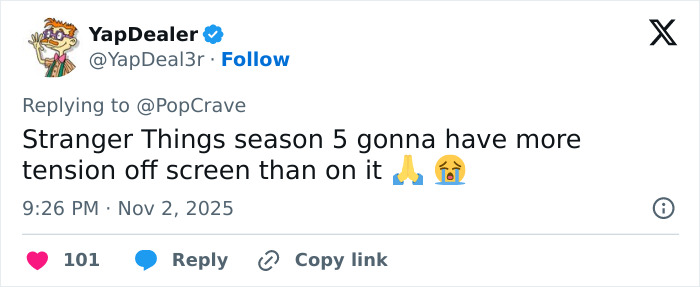 Tweet about Stranger Things season 5 predicting off-screen tension related to Millie Bobby Brown and David Harbour bullying claims.