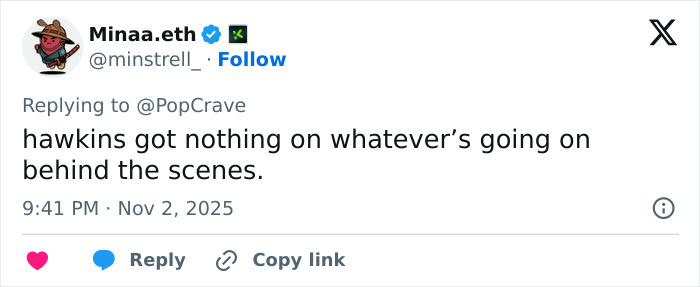 Tweet text referring to behind-the-scenes issues on the set of Stranger Things involving Millie Bobby Brown and David Harbour.