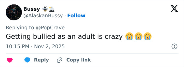 Tweet about getting bullied as an adult with crying emojis, referencing Millie Bobby Brown and David Harbour Stranger Things set.