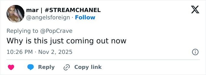 Twitter user mar replying to PopCrave, questioning the timing of Millie Bobby Brown bullying allegations on Stranger Things set.