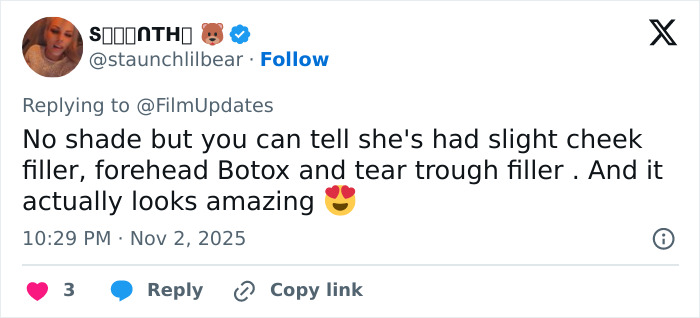 Tweet discussing Emilia Clarke&rsquo;s latest appearance mentioning cheek filler, Botox, and tear trough filler with mixed internet reactions.