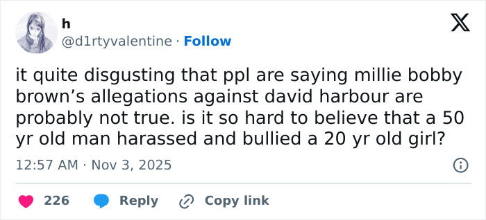 Tweet discussing Millie Bobby Brown&rsquo;s allegations against David Harbour amid debate over Lily Allen&rsquo;s CFDA fashion look.