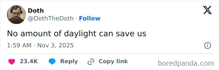 A humorous X post from November showing a relatable tweet about daylight and long days with engagement metrics.