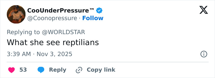 Screenshot of a tweet by CooUnderPressure replying about reptilians at Drake&rsquo;s party, related to Gracie Bon&rsquo;s reveal.