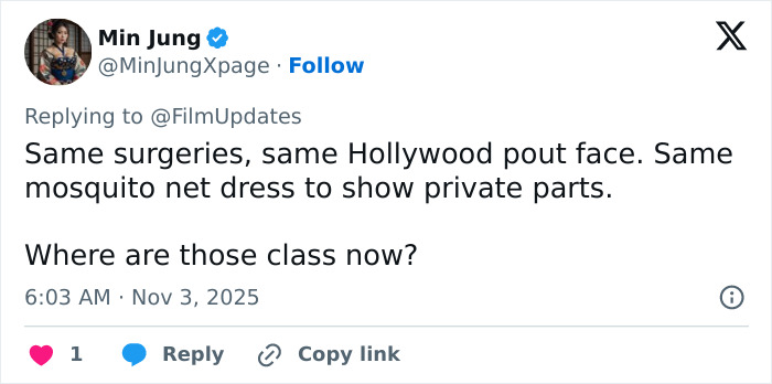 Screenshot of a tweet discussing Emilia Clarke's latest appearance criticizing same surgeries and Hollywood face trends.