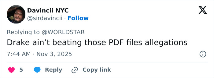 Screenshot of a tweet discussing allegations related to Drake, posted by user Davincii NYC on November 3, 2025.