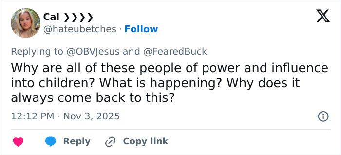Tweet by Cal expressing concern about people of power and influence related to children, referencing Drake&rsquo;s party revelations.