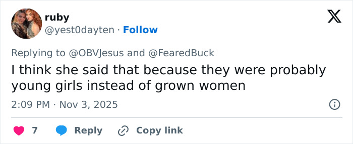 Tweet from user ruby discussing young girls versus grown women in context of Drake&rsquo;s party incident mentioned by Gracie Bon.