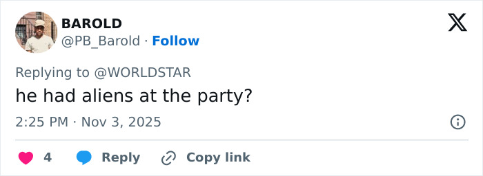 Screenshot of a tweet replying to WORLDSTAR asking if aliens were at Drake&rsquo;s party, referencing Gracie Bon's reveal.